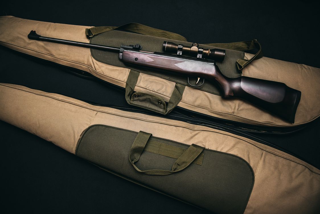 Bolt action hunting rifle with scope on carrying bag
